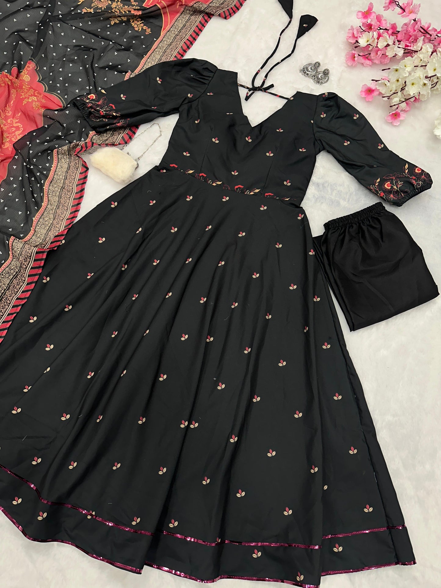 Grand Chinnon Silk Black Color Anarkali suit set