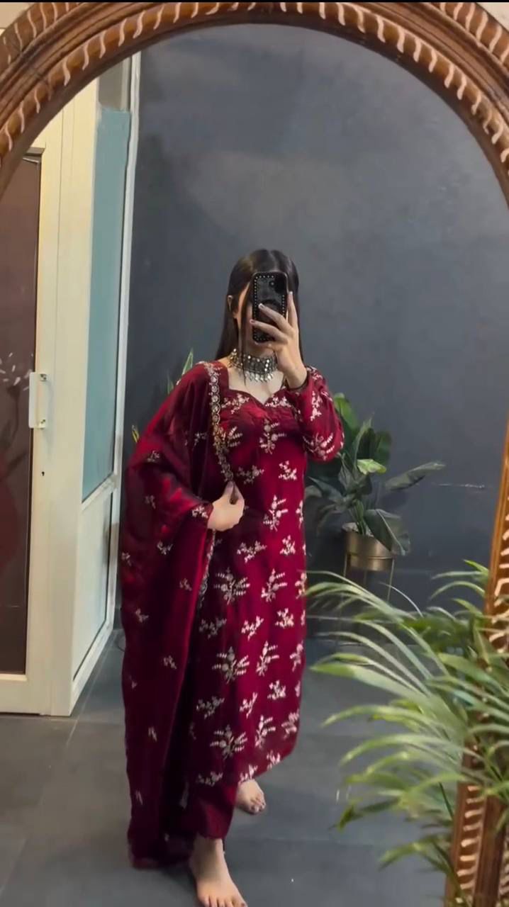 New Style Mroon Color Suit Set with Dupatta