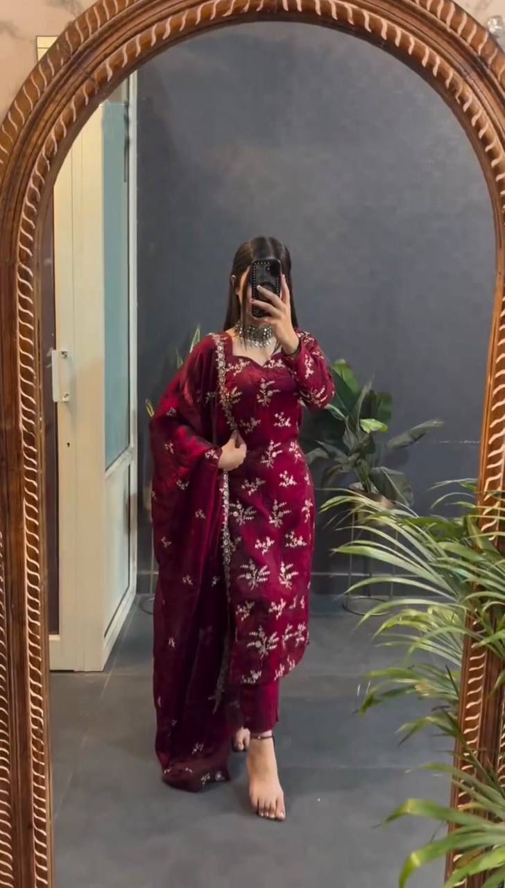 New Style Mroon Color Suit Set with Dupatta