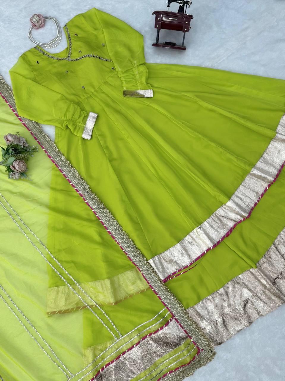 Luxury Green Mirror Work Designer Anarkali Suit