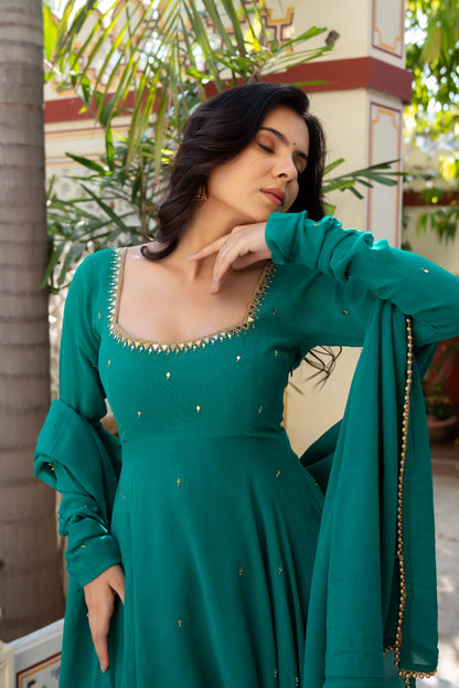 Wedding Edition Emerald Green Anarkali with Real Mirror Work