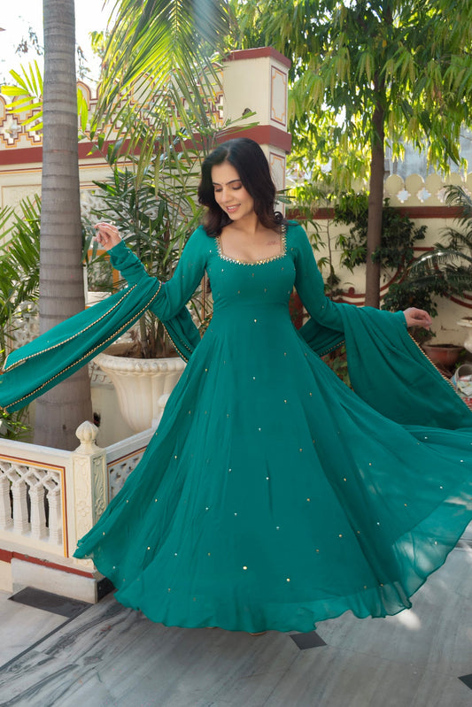 Wedding Edition Emerald Green Anarkali with Real Mirror Work