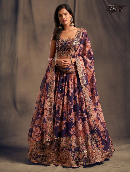 Beautiful Purple Floral Embroidered Organza Wedding Wear Lehenga Choli