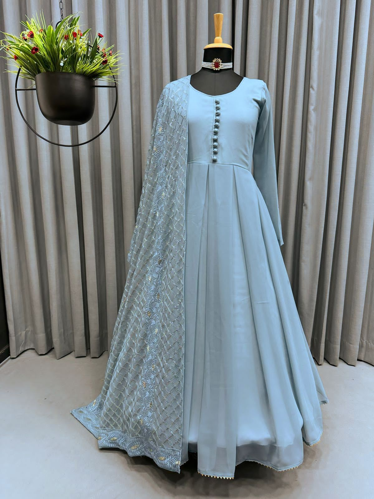 Sky Blue Faux Georgette Anarkali Style Fully Stitiched Gown