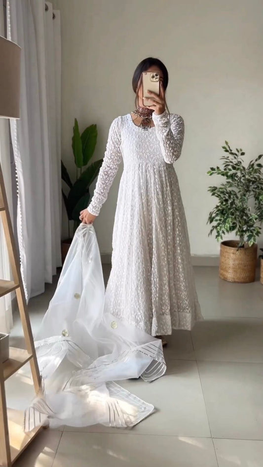 Most Beautiful White embroidered chikankari anarkali Gown