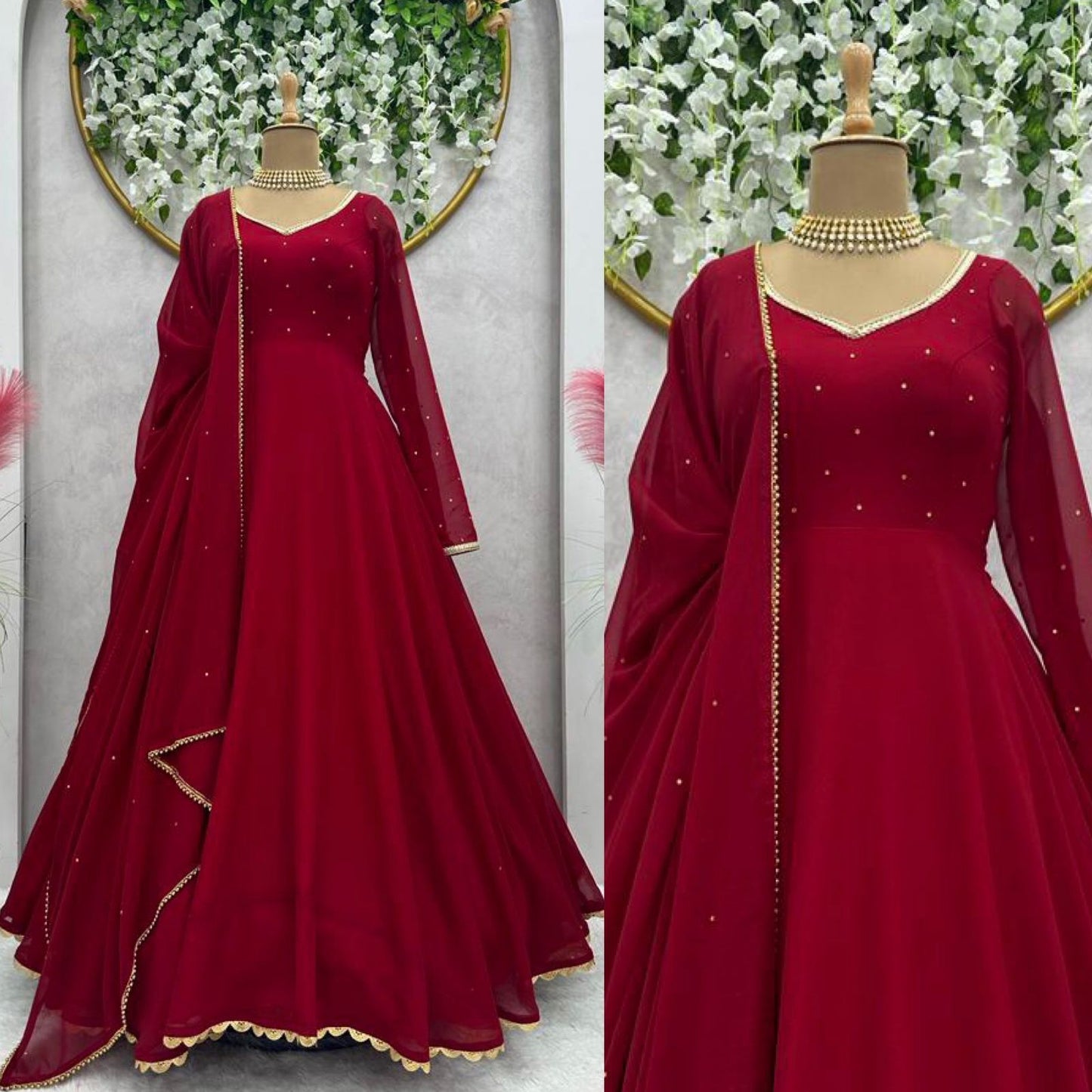 Maroon georgette plain heavy party wear gown