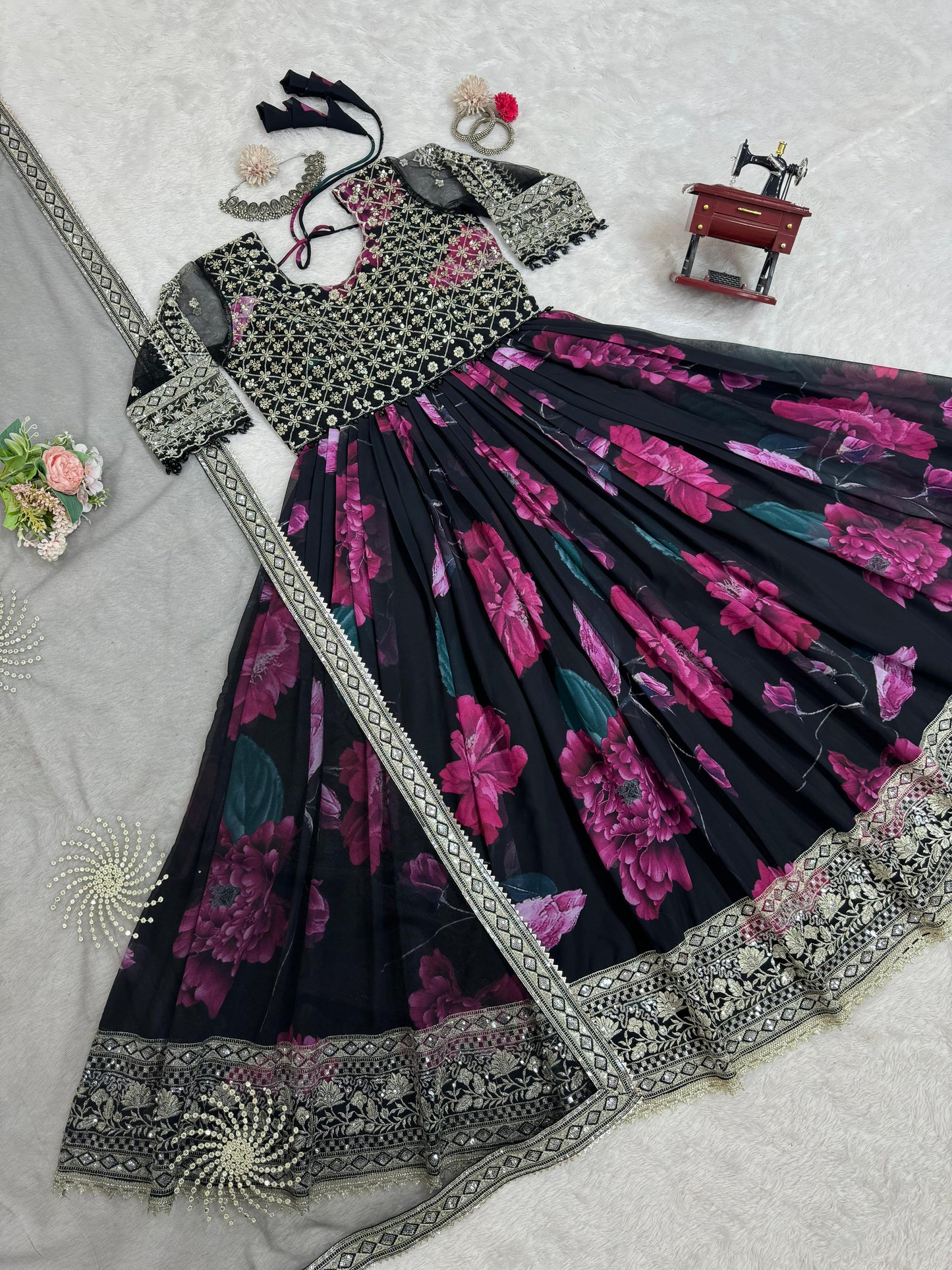 New Printed With Embroidery Work Anarkali Suit Set