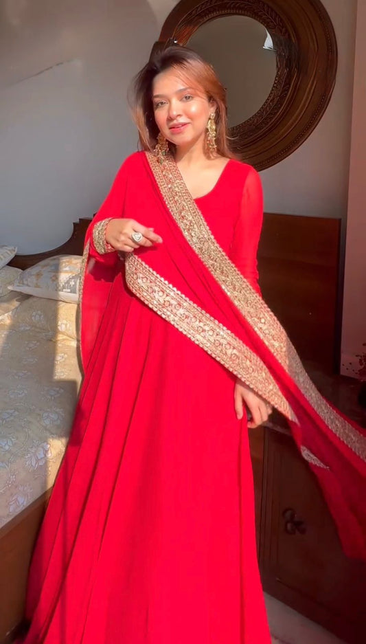New Beautiful Red color Anarkali gown suitt