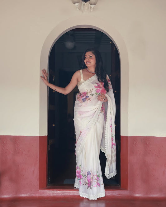 New Beautiful White Color Georgette Saree