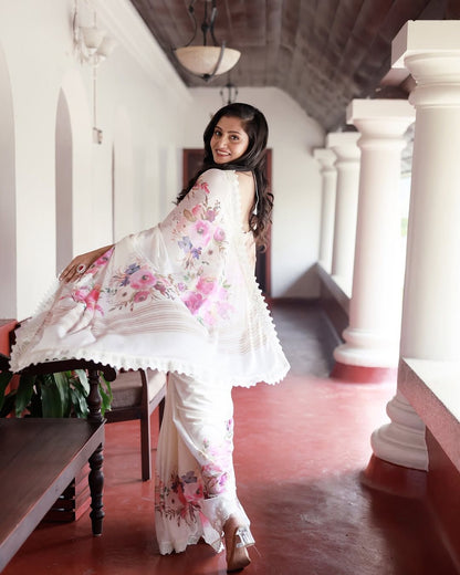 New Beautiful White Color Georgette Saree