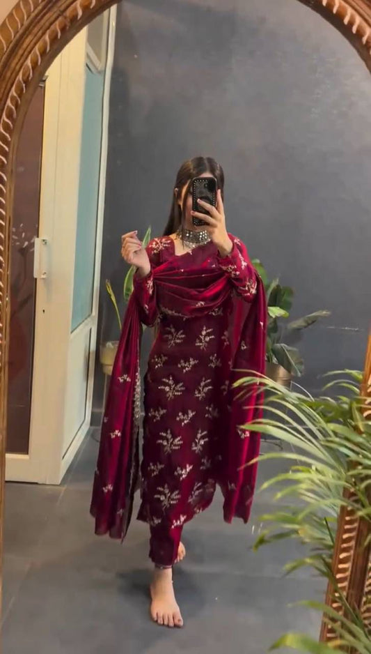 New Style Mroon Color Suit Set with Dupatta