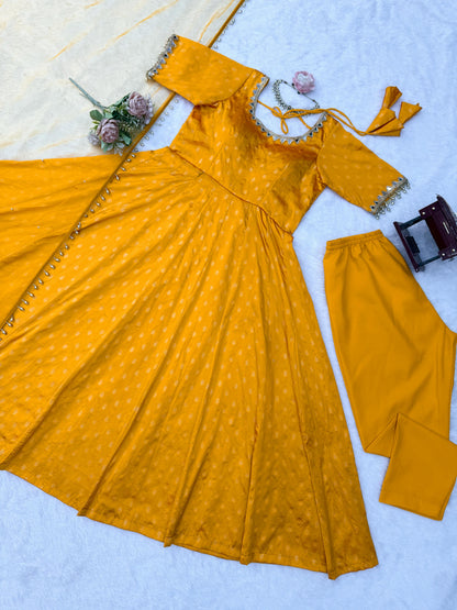 Charm with our exclusive 3-piece Yellow Anarkali Suit