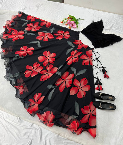 Designer Floral Print Black With Red Color Lehenga Choli