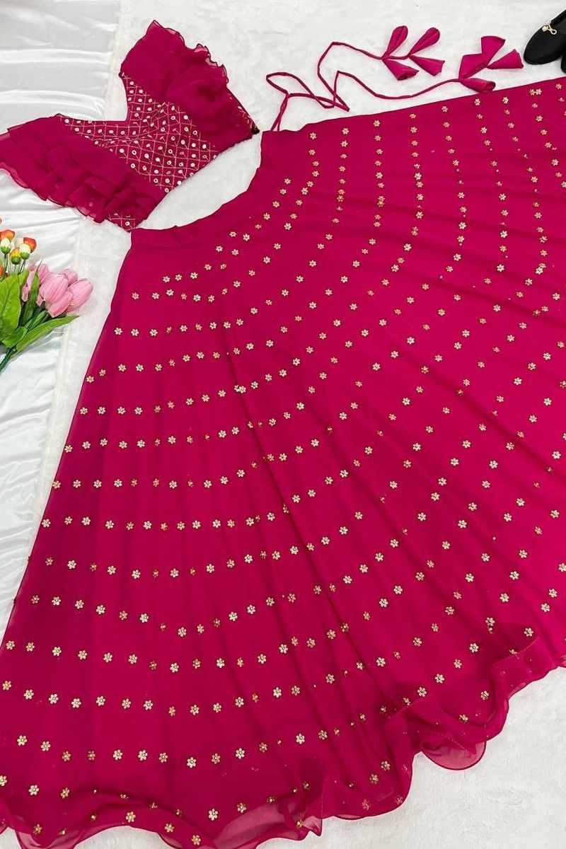 Bright Pink Faux Georgette Moti Work Lehenga Choli