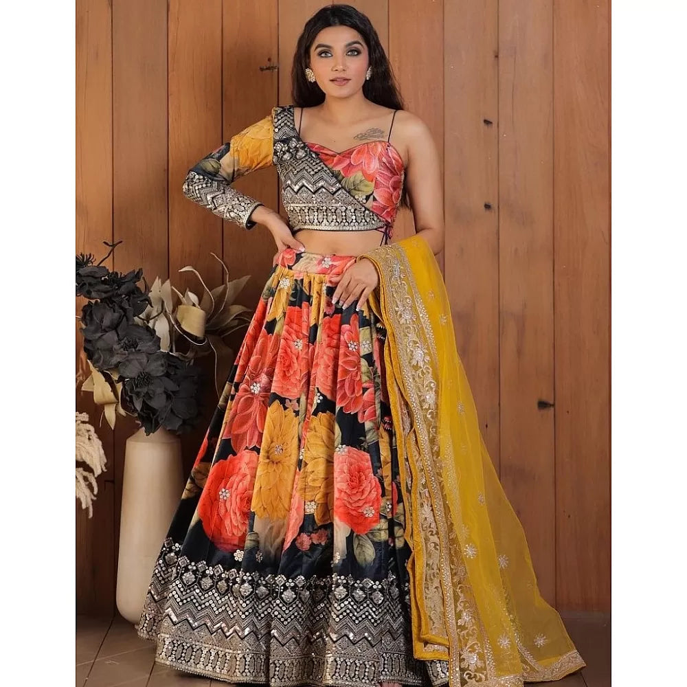 Multicolor georgette flower printed embroidered designer lehenga choli