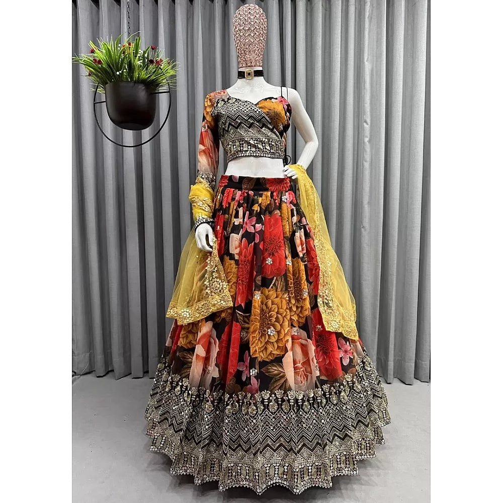 Multicolor georgette flower printed embroidered designer lehenga choli