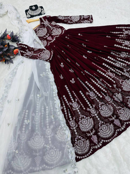 Maroon velvet heavy embroidery worked wedding gown