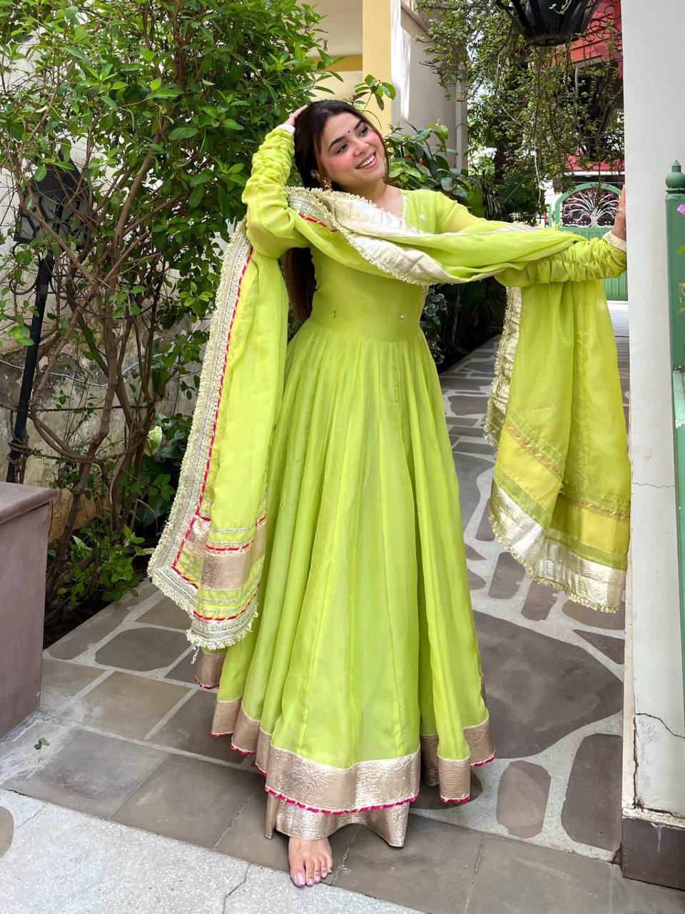 Luxury Green Mirror Work Designer Anarkali Suit