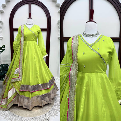 Luxury Green Mirror Work Designer Anarkali Suit