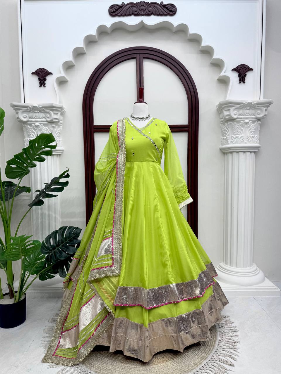 Luxury Green Mirror Work Designer Anarkali Suit
