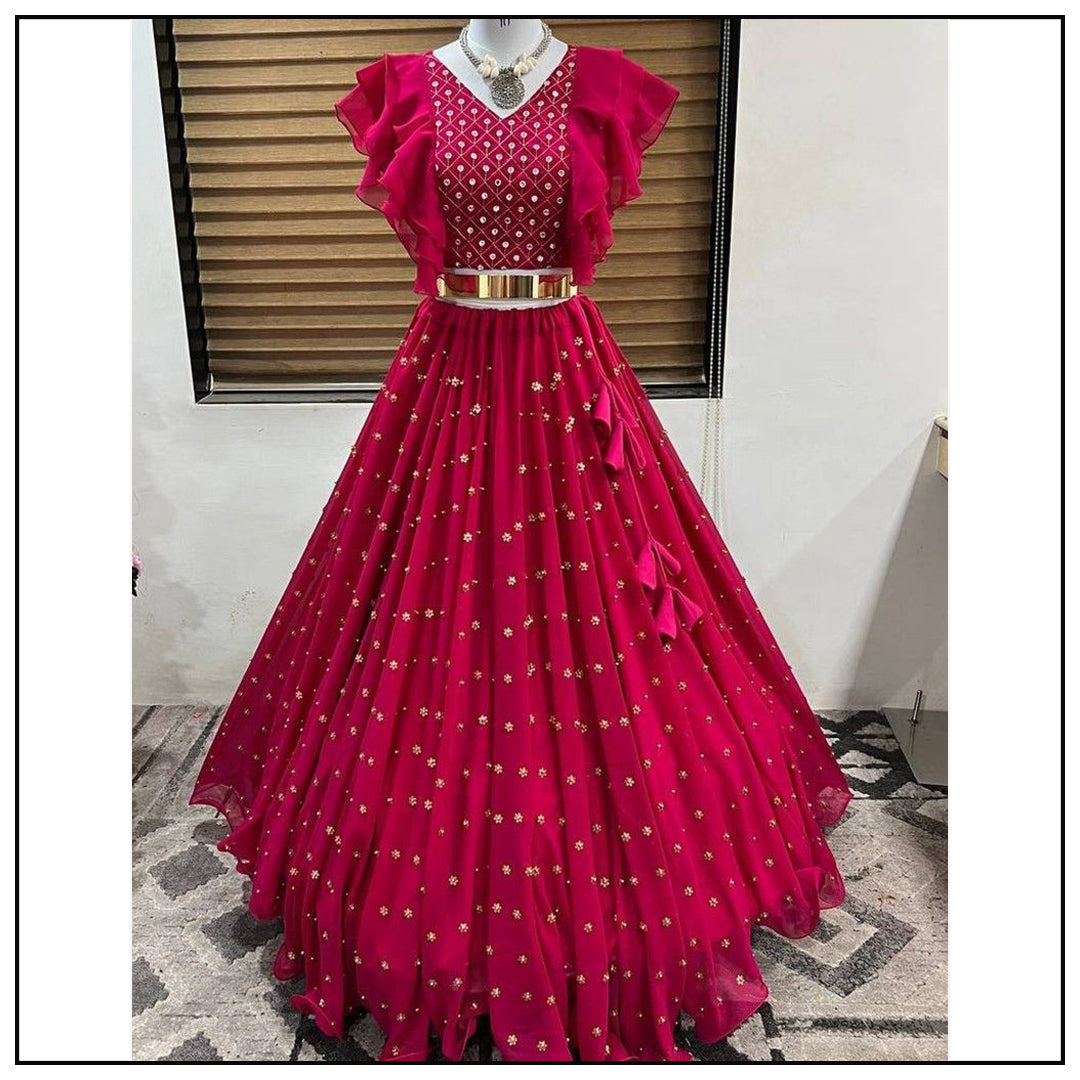 Bright Pink Faux Georgette Moti Work Lehenga Choli