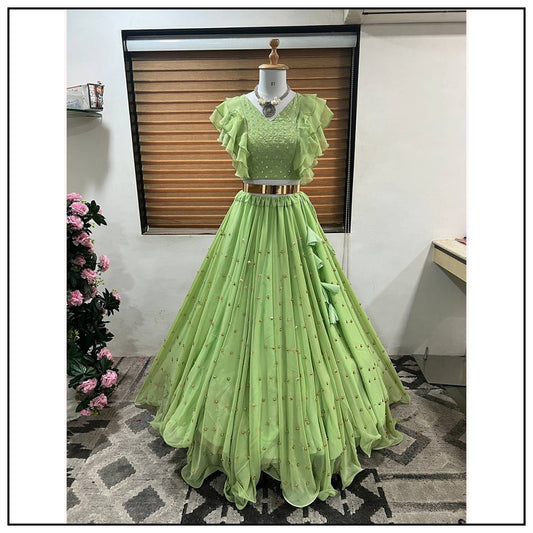 Pista Green Faux Georgette Moti Work Lehenga Choli