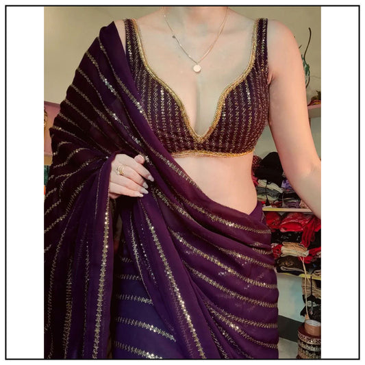 Wine georgette thread and sequence work party wear saree