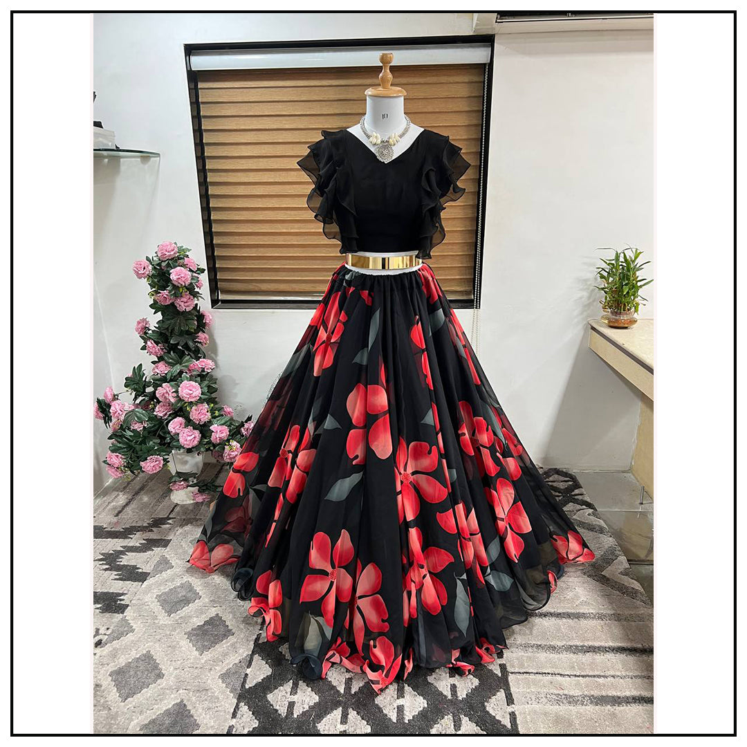 Designer Floral Print Black With Red Color Lehenga Choli