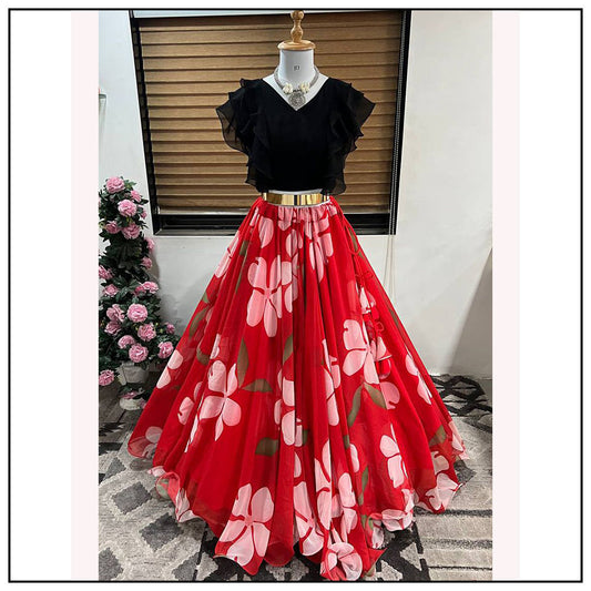 Designer Floral Print Black With Red Color Lehenga Choli